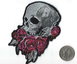 Skull With Bleeding Roses Iron On Sew On Embroidered Patch 4 &quot; X 3 1/8 &quot; - £5.30 GBP