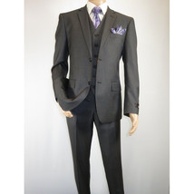 Mens Vitali Three Piece Suit Vested Semi Shiny Sharkskin M3090 Charcoal Gray image 3