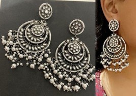 Bollywood antique Silver Gray Earrings Chandbali Jewelry Pearl Bridal Kundan Set - £22.72 GBP