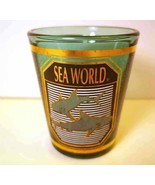 Souvenir shot glass Sea World SHARKS gold &amp; black on green glass - £5.54 GBP