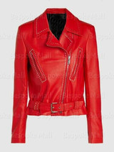 New Women&#39;s Red Genuine Cowhide Silver Studded Waist Belt Leather Jacket... - £149.71 GBP
