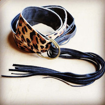 Leopard Belt with Leather Fringe Closure 36 inches - £64.73 GBP