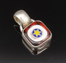 925 Sterling Silver - Vintage Enamel Art Wok On Square Amber Pendant - P... - $39.81