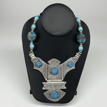 Turkmen Necklace Antique Afghan Tribal Blue Turquoise Inlay V-Neck, Necklace T54 - £24.35 GBP