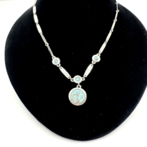 Sarah Coventry Necklace Faux Turquoise Hammered Bar Silver Tone 16” Vintage - £12.16 GBP