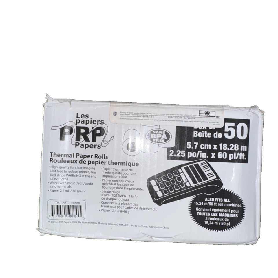 Thermal Paper ROLL 2-1/4&quot; x 60 Ft (Box of 50 Rolls) PRP Papers Inc. - $21.51