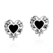 Elegant Simulated Black Onyx Heart on Sterling Silver Filigree Stud Earrings - £12.62 GBP
