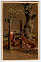 Easter Greetings Postcard Bunny Rabbit Looks At Umbrella Embossed Vintage 1909 - £7.88 GBP