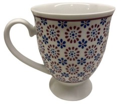 Bohemian Pedestal Coffee Mug Red White and Blue Porcelain Tea - $18.65