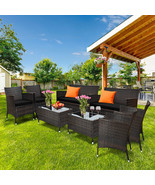 8 Pieces Rattan Patio Furniture Set Cushioned Sofa Chair Coffee Table Black - £434.06 GBP