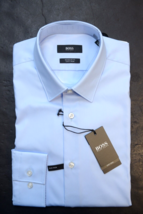 HUGO BOSS Homme Eliott Facile Fer Reg Fit Bleu Getzner Robe Coton Shirt 37 14.5 - $64.14