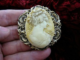 (CL7-7) Woman Lady hair up yellow ivory CAMEO brass pin brooch Pendant necklace - £29.40 GBP