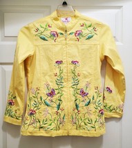 Quacker Factory Womens XS Yellow Zip Up Embroidered Flowers Butterflies Jacket - £27.45 GBP