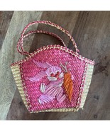 VTG Pink Easter Basket Bunny Rabbit Woven Straw Purse Style Vinyl Lining - $16.46 CAD