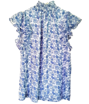 1 State Blouse Women&#39;s X-Small  Blue White Floral High Neck Cap Sleeves Lined - £9.49 GBP