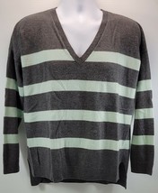 MM) GAP Women&#39;s V-Neck Gray Green Striped Sweater Medium Wool Blend - $14.84