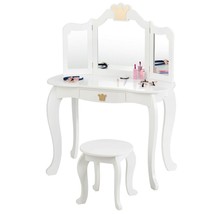 Kids Makeup Dressing Table with Tri-folding Mirror and Stool-White - Color: Whi - £111.10 GBP