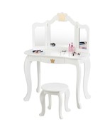 Kids Makeup Dressing Table with Tri-folding Mirror and Stool-White - Col... - $201.36 CAD
