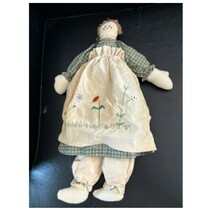 Vintage Folk Art Rag Doll Plush Toy Green Plaid Dress Floral Apron Colle... - $21.78
