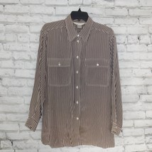 Casual Corner Womens Size Medium Brown Striped Long Sleeve Silk Blouse Pockets - £15.97 GBP