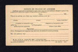 1943 WAR DEPARTMENT - NOTICE of CHANGE of ADDRESS not filled out details... - $9.95