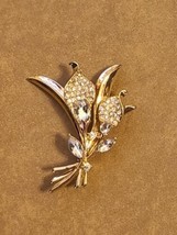 NAPIER Floral Clear Rhinestone Brooch, Gold Tone, Flowers, Leaves, Vintage from - £43.99 GBP