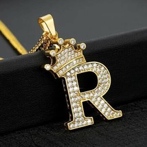 1.25Ct Real Moissanite Crown Initial Letter &quot;R&quot; Pendant 14K Yellow Gold Plated - £195.25 GBP