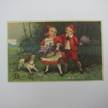 Postcard Best Wishes Boy &amp; Girl Red Dress Purple Flowers Basket Dog Antique 1911 - £7.82 GBP