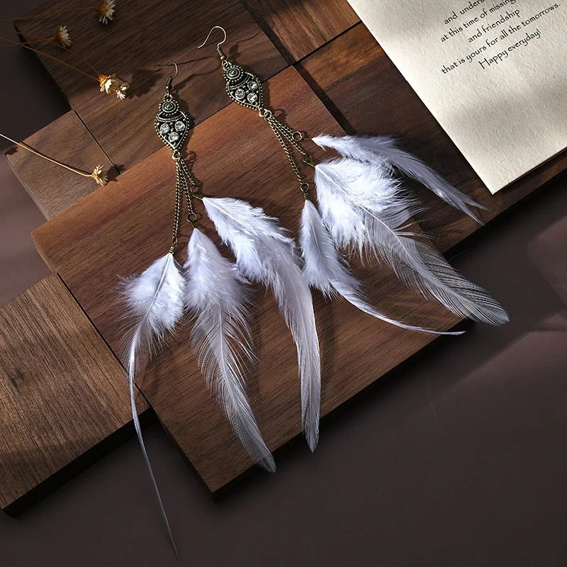 Boho Long Retro Feather Exaggerated Earrings Women Thailand Indian Drop-shaped R - £12.76 GBP