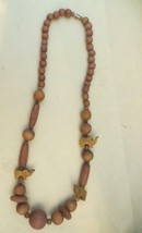 Wood Bead Necklace with Hand Carved Elephants 23&quot; - £14.32 GBP