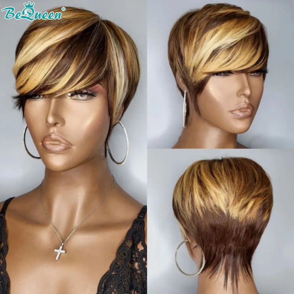 BeQueen Pixie Short Cut Human hair Wavy Wig Natural Honey Color Glueless W - £71.76 GBP+