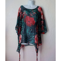 Colleen Lopez Green Red Floral Sheer Pullover Tunic Top Women size 1X  - $14.84
