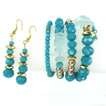 Frosted Teal Crystal Gold Tone Bead Stack Bracelet Set Earrings Wrap  - £35.88 GBP