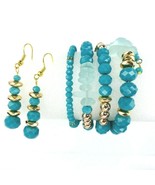 Frosted Teal Crystal Gold Tone Bead Stack Bracelet Set Earrings Wrap  - £35.54 GBP