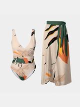 Printed Surplice Wide Strap Swimwear and Skirt Swim Set - £33.57 GBP