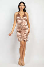 Mocha Brown Halter Satin Deep V Neck Backless Ruched Bodycon Clubwear Night Out  - £9.59 GBP