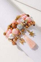 Pink 4Pcs Butterfly Star Pendant Tassel Beaded Bracelet Set - $14.00