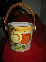 Vintage Japanese Hand Painted Fruit Biscuit Jar Bucket Bamboo Handle - $14.85
