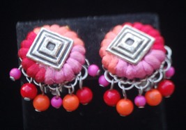 Threated Button Dangle Beaded Earrings Clip-On Vintage - £7.90 GBP