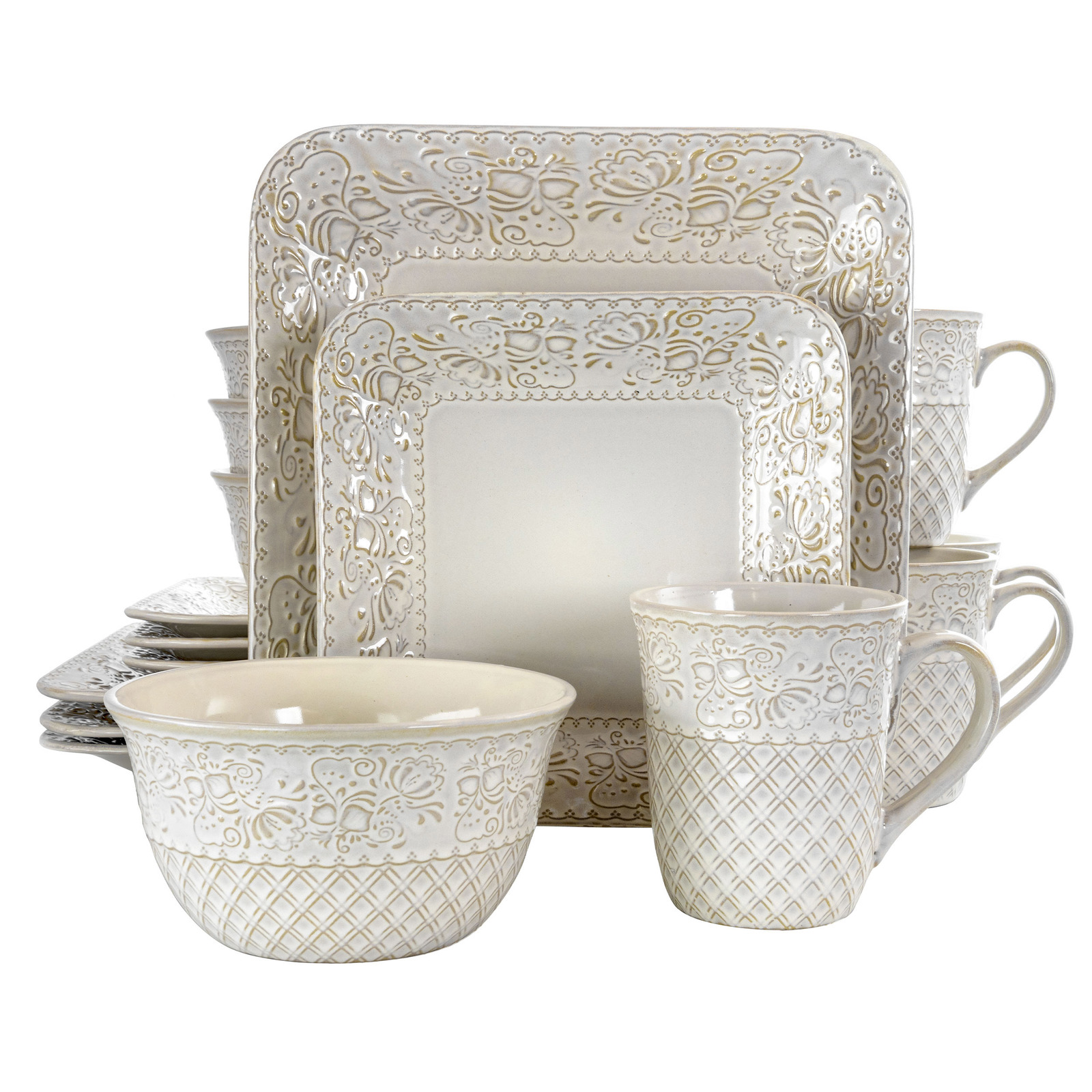 Elama Ivory Lotus 16 Piece Square Dinnerware Set - $84.95