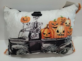 Halloween Skeleton Driving Vintage Truck Pumpkins Throw Pillow Gorgeous! 10&quot;x14&quot; - £23.05 GBP