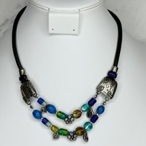 Chico&#39;s Vintage Blue and Green Beaded Silver Tone and Black Cord Necklace - £13.29 GBP