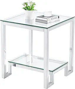Glass End Table Square,Modern Glass Side Table With 2 Tier Shelf Coffee ... - $240.99