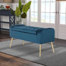 Homebeez Modern Storage Ottoman Bench, Upholstered Bedroom Benches, Blue - £130.45 GBP