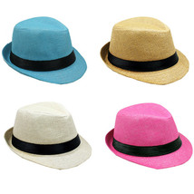 Kids Straw Fedora Hat w/BAND Trilby Gangster Panama Classic Vintage Style - £10.17 GBP+