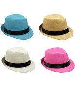 KIDS STRAW FEDORA HAT w/BAND Trilby Gangster Panama Classic Vintage Style - £10.26 GBP+