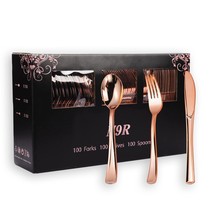 300Pcs Rose Gold Plastic Silverware, Heavy Duty Plastic Cutlery Set, Dis... - £51.90 GBP