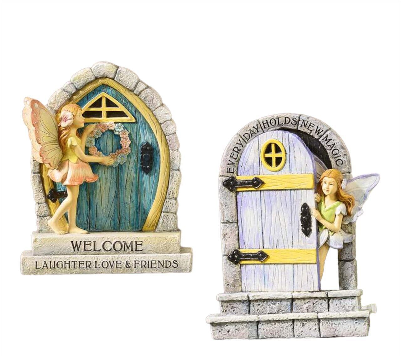 Fairy Door Statues Set of 2 Pixie 8" High Whimsical Fantasy Figurines Grey Blue Elves, Gnomes