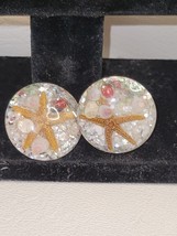 Vintage clip on Earrings starfish seashells Enamel glass - $14.96
