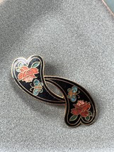 Vintage Black Enamel Double Heart w Pink Flowers &amp; Blue Butterfly Cloisonne Pin  - £10.40 GBP